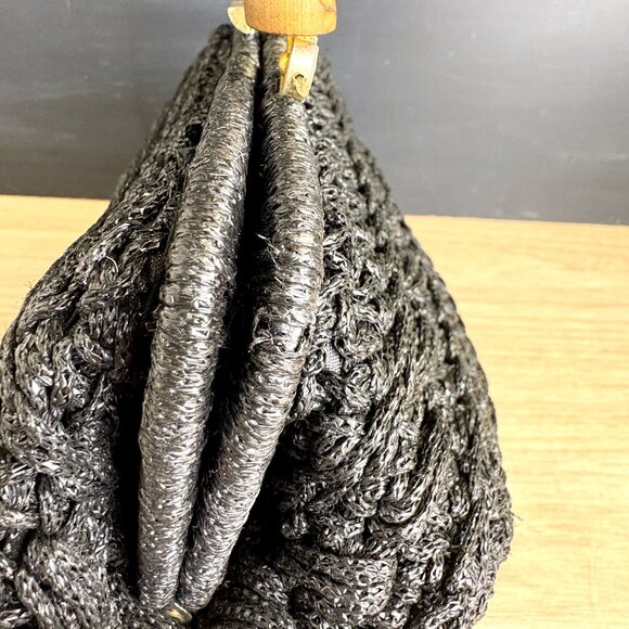 Black raffia woven handbag with wooden handle - made in Italy - vintage - Picture 8 of 11